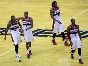 Trevor Booker (35), Trevor Ariza (1), Nene (42), and John Wall (2) have been key to the Wizards' recent success against top teams.  In the last month, the Wizards have beaten the Miami Heat, Golden State Warriors, and Oklahoma City Thunder. 
