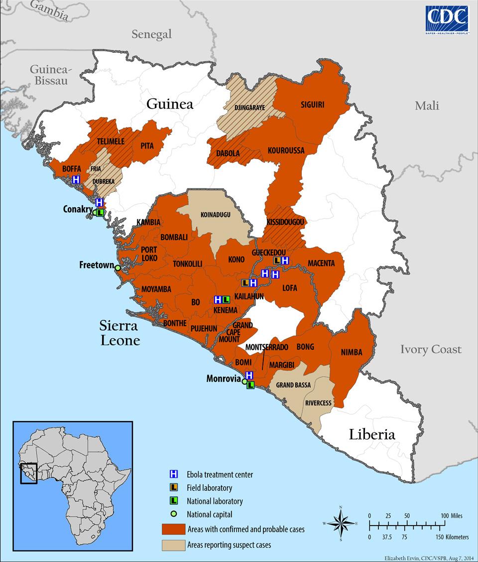 A map showing Ebola data provided by the CDC