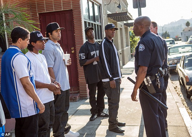 Scene+of+confrontation+between+NWA+and+LAPD+from+Straight+Outta+Compton+movie.