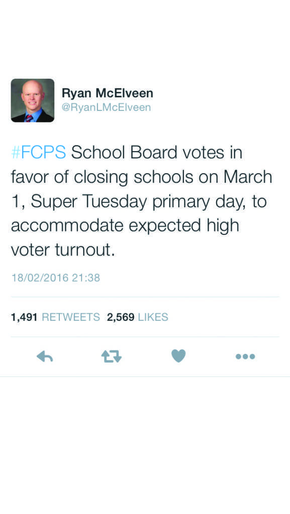 Ryan McElveen tweeted that school is cancelled on March 1, securing his popularity with FCPS students.