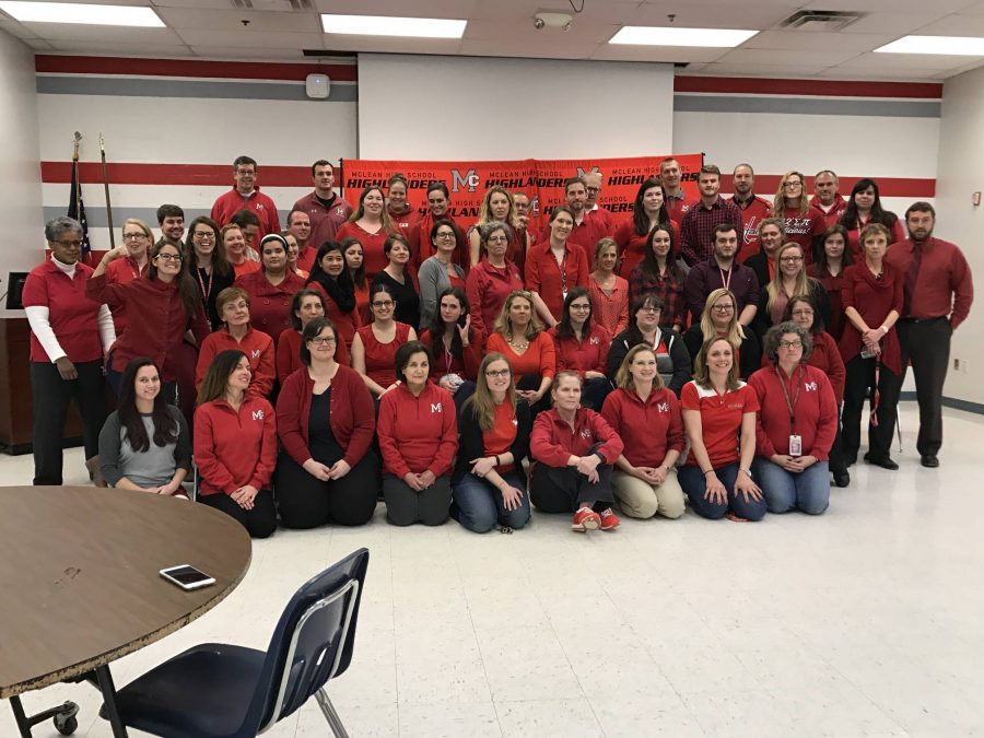 MHS+teachers+pose+in+a+group+photo+to+show+support+for+%23RedforEd
