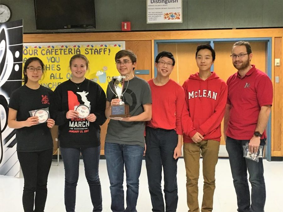 The+McLean+Scholastic+Bowl+team+is+pictured+here%2C+after+winning+the+Region+6A+North+tournament.+From+left+to+right%2C+the+team+consists+of+Grace+Chung+%2810%29%2C+Mara+Kessler+%2810%29%2C+Carson+Flickinger+%2811%29%2C+Justin+Young+%289%29%2C+Ethan+Li+%289%29%2C+and+team+coach%2Fphysics+teacher+Jeff+Brocketti.+%28Photo+courtesy+of+Margaret+Flickinger%29