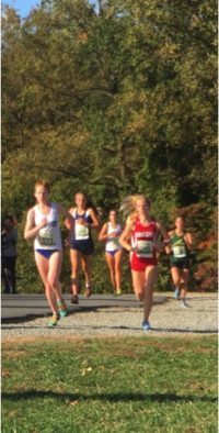 A race to the finish- Sophomore Natalie Flint strives to beat her opponents and place in the top 15 in her race. 