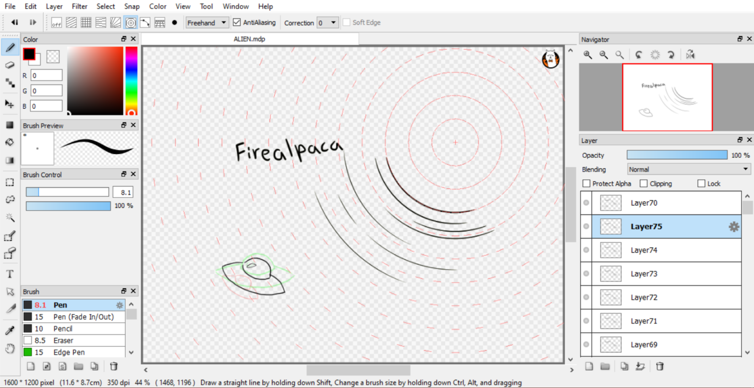Screenshot of the interface of FireAlpaca while displaying use of its tools in action.