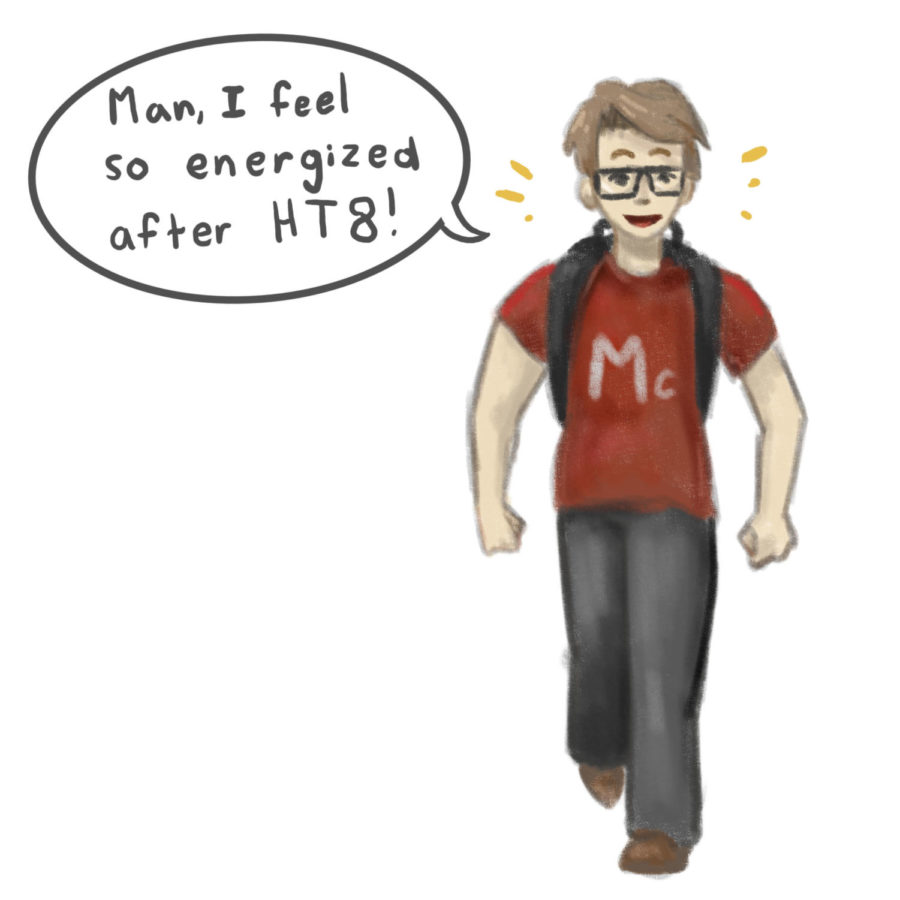 Energized—This students has gone through a typical school day today. He felt energized throughout the day as a result of having a nice break during Highlander Time.(Comic by Dasha Makarishcheva).