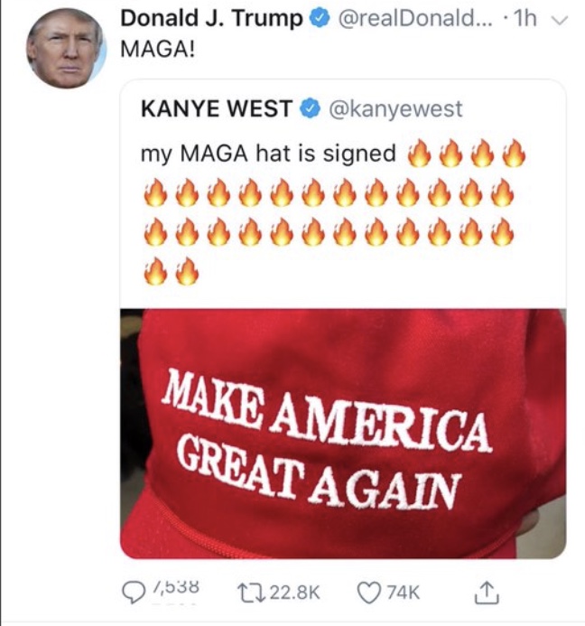 After getting his MAGA hat signed West took to Twitter to get it shown off and complimented by Trump.