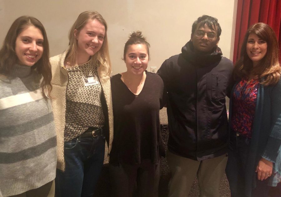 These four McLean alumni (from left to right: Olivia McAuliffe, Caroline Lewis, Grace Roomian, Karthik Natarajan and Career Center Specialist Laura Venos) came to the auditorium on Wednesday. They shared their best advice and personal anecdotes to help students on their journeys towards college.