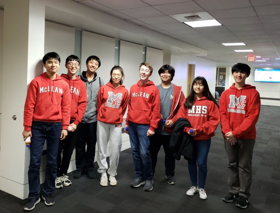 David Song, Youngmin Kwon, Shinwoo Jeon, Sally Jung, Chris Tillotson, Rick Yoon, Katie Emma Kim and Alex Kim pose for a picture after their mathematics competition win.