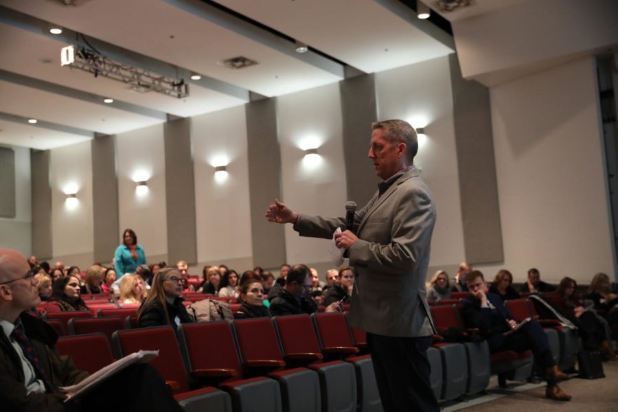 Special projects administrator Kevin Sneed elaborates on the current overcrowding situation and solutions. The meeting was held in the McLean auditorium on Feb.19.