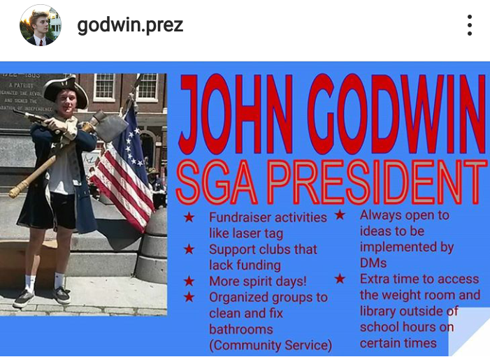 SGA president elect John Godwin poses in a campaign ad on his instagram page. Candidates used humorous promotions like these to try and reach a large audience on social media.