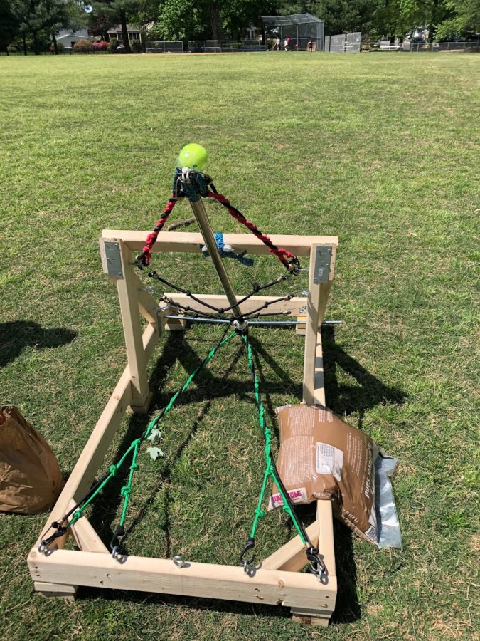 The catapults are made from all type of elastic materials. A tennis ball was used as the projectile. (Photo courtesy of Priya Shahi)