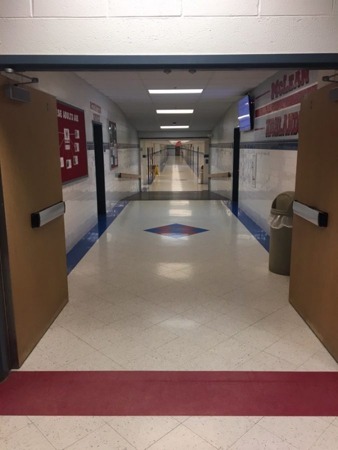 The blue hallway in McLean High School. Students in B186 had just finished a Holocaust film when they heard a noise that sent them into active shooter lock down.