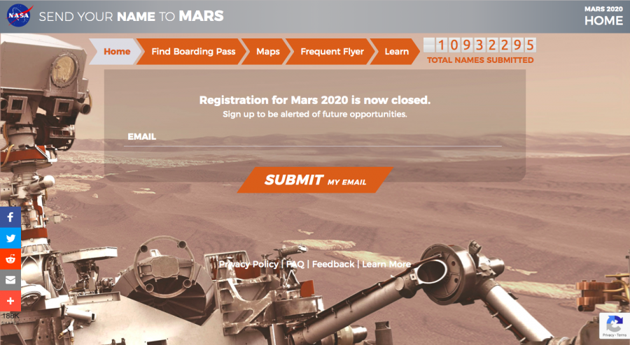 Shown is the registration site for the opportunity to have ones name inscribed on a rover. However, signups are closed as of Sept. 30. Photo obtained via NASA.gov