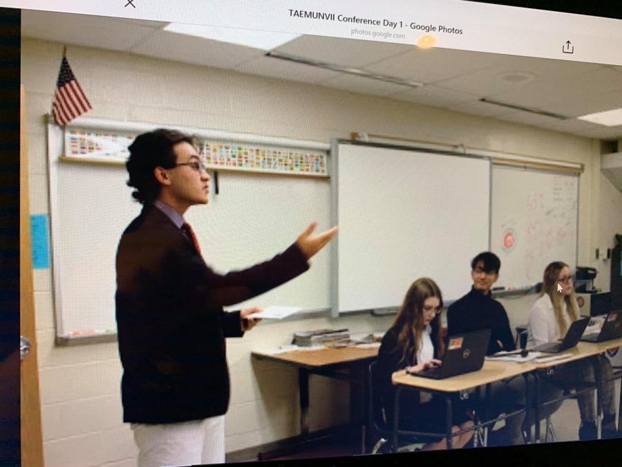 McLean Junior Samir Chowdhury gives a speech about the climate saving properties of Seaweed in front of his committee, the United Nations Enviromental Agency. Chowdhury and his partner Odessa Zhang would go on to win the Outstanding delegation award. 