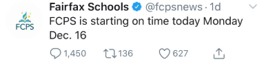 Dreams dashed-Early Monday morning FCPS announced on their Twitter account that there would be school despite snowy weather.  This announcement came to the disappointment of many students