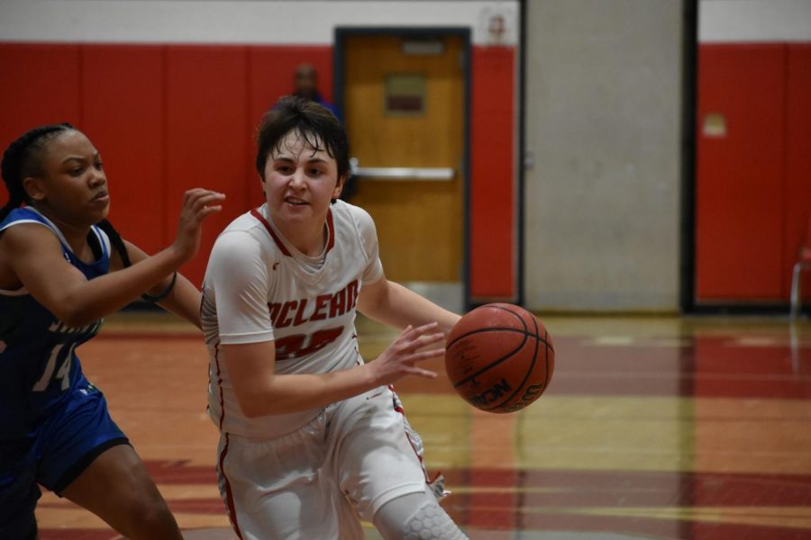 Senior guard Elizabeth Dufrane drives past South Lakes defender #14 on her way to the basket. She scores two points for McLean.