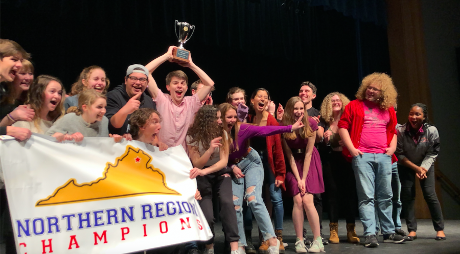 TheatreMcLean+celebrates+their+victory+on+stage+at+regionals