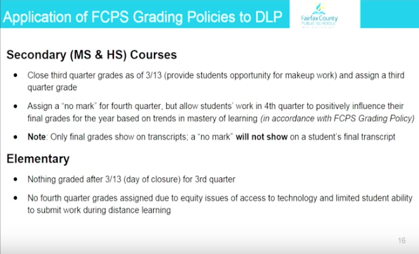 Presentation of Distance Learning Plan slide outlines basic grading policy for the remainder of the school year
