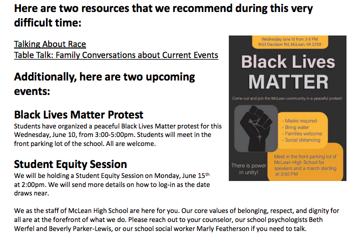 Black Lives Matter- McLean students have organized a protest fin support of the Black Lives Matter movement on June 10. They spread the word through the schools newsletter (screenshot taken by Cordelia Lawton). 