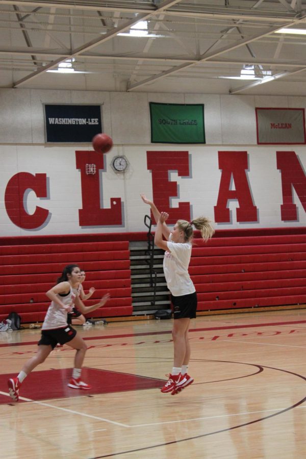 SHARP SHOOTER - During tryouts, senior Sophie Smith finishes the 3 man passing drill with a wide open shot.