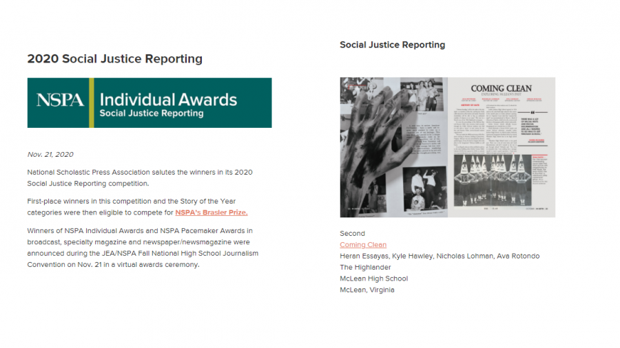 Proudly Highlander - The Highlander’s “Coming Clean” is awarded second place for the 2020 NSPA Social Justice Reporting award through the official website.
The article has been acknowledged in a nationwide scale, and it’s regarded as a ‘first step for a long-term reform at McLean High School.’