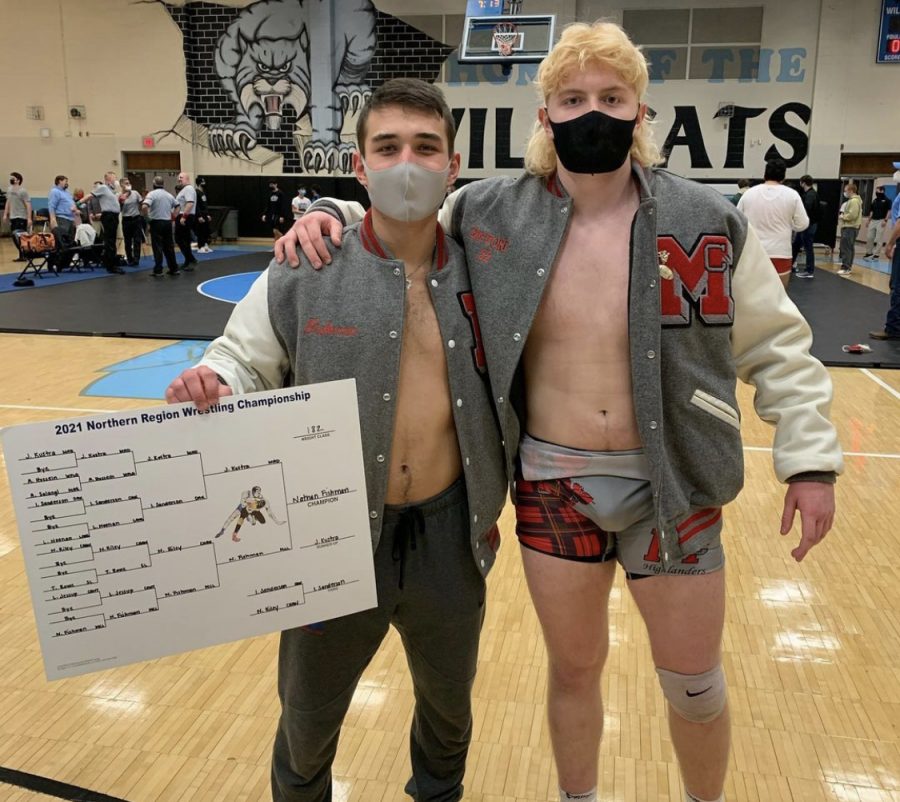 Nathan Fishman and Brigham DeVore stand together after earning a spot to states. Fishman dominated the 182-pound bracket. (Photo courtesy of McLean Wrestling).