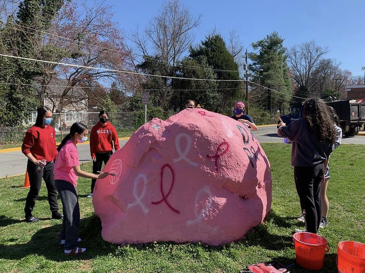 Volleyball players paint the rock pink and decorate prior to the game. Dig Pink McLean volleyball shirts have continued to sell this year beyond the original goal, and the funds for these shirts are paid directly to McLean Boosters for Volleyball.