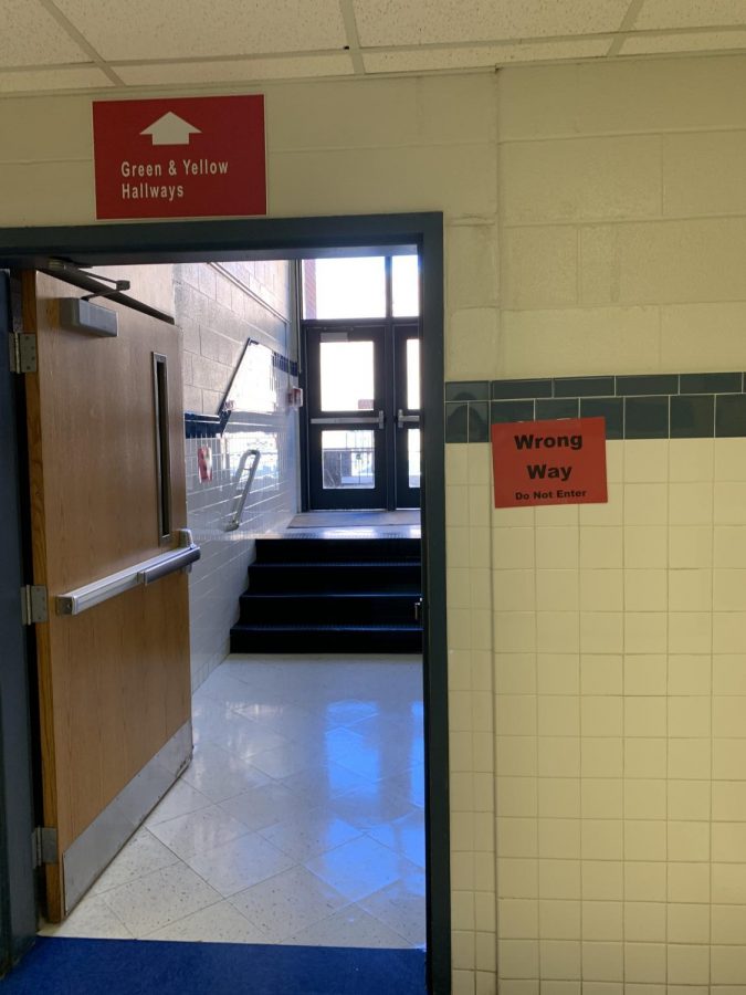 Stairs are now marked with Wrong Way to ensure that students follow a one-way path in narrow spaces such as stairwells. This reduces congestion in the hallways.