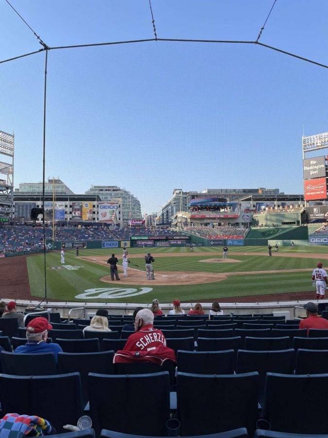 NATITUDE-+Nationals+pitcher+Max+Scherzer+is+up+to+bat+on+opening+day+against+the+Atlanta+Braves.+The+Nationals+won+the+game+6-5.++%28Photo+by+Kyle+Hawley%29