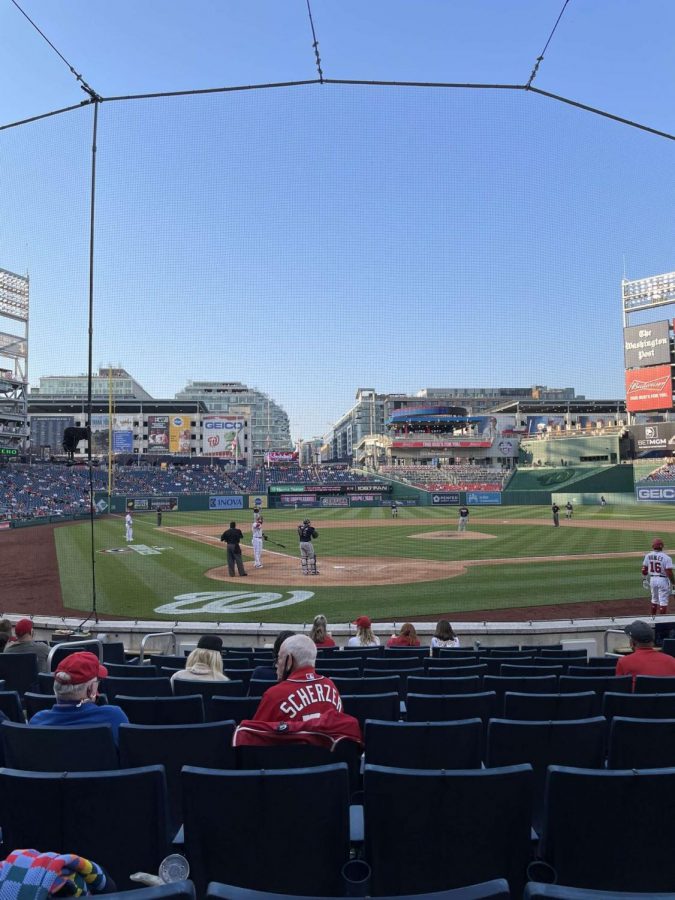 NATITUDE- Nationals pitcher Max Scherzer is up to bat on opening day against the Atlanta Braves. The Nationals won the game 6-5.  (Photo by Kyle Hawley)