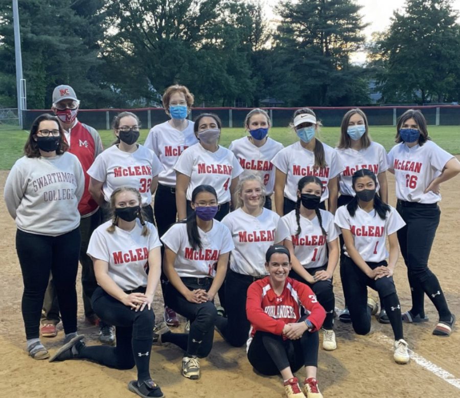 WORK HARD, PLAY HARD — McLean High School’s softball team is committed to wearing masks when necessary during games and practices. “They’ve helped [a lot] during practices to keep [players] safe while they’re on the field,” junior and softball player Nicole Chan said.

