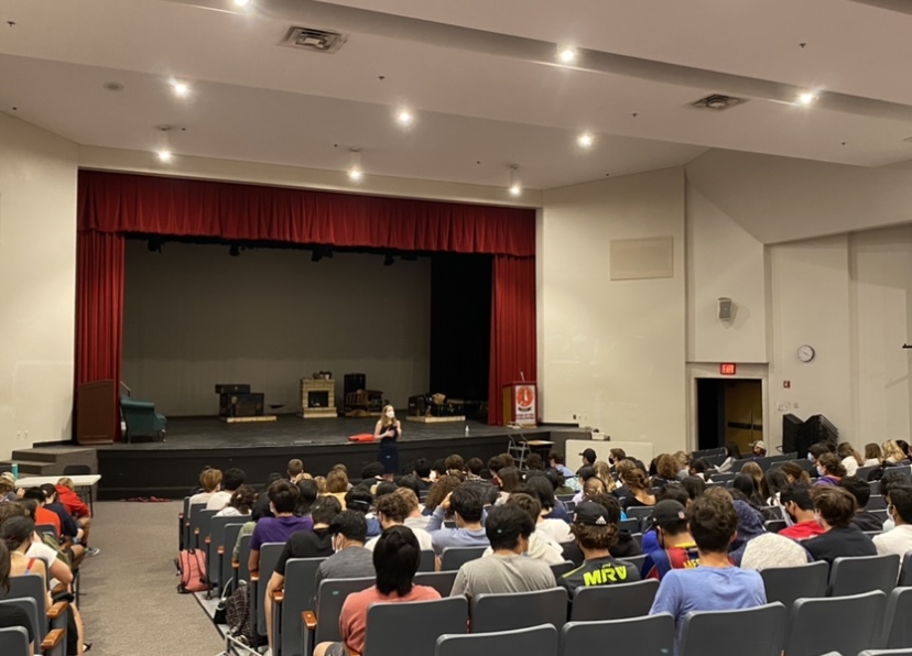 Seniors and juniors gathered in the auditorium for a college session with a guest speaker from UVA. 28 percent of UVA's admitted students applied without testing.