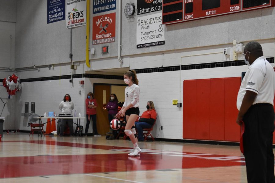 Serving up Points—Senior Pari Eaton gets ready to serve during the second set against Centerville.