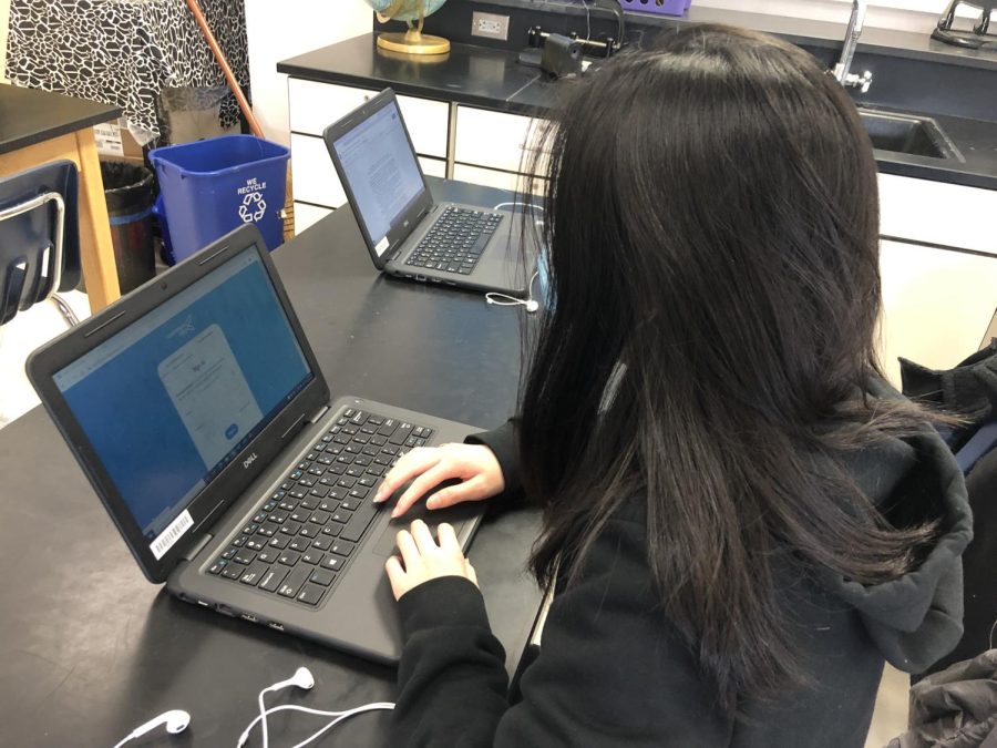 Senior Julia Tan logs on to her CommonApp account to check her college application progress. “It was definitely a lot of work getting to this point,” Tan said. “However, I’m really relieved that I was able to get through this process.”