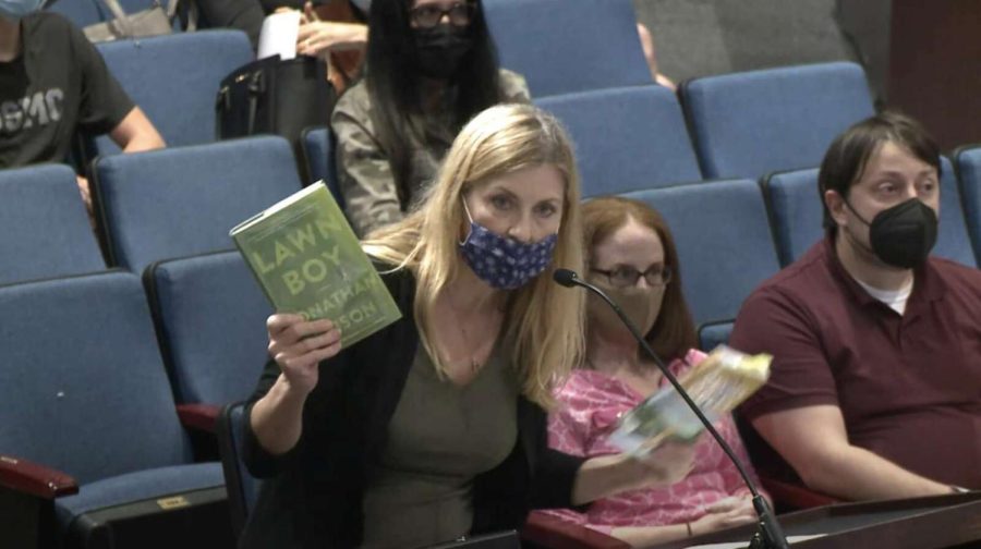 Parent Stacy Langton argues for removing books from school libraries at a Fairfax County School Board meeting on Sept. 23, 2021.