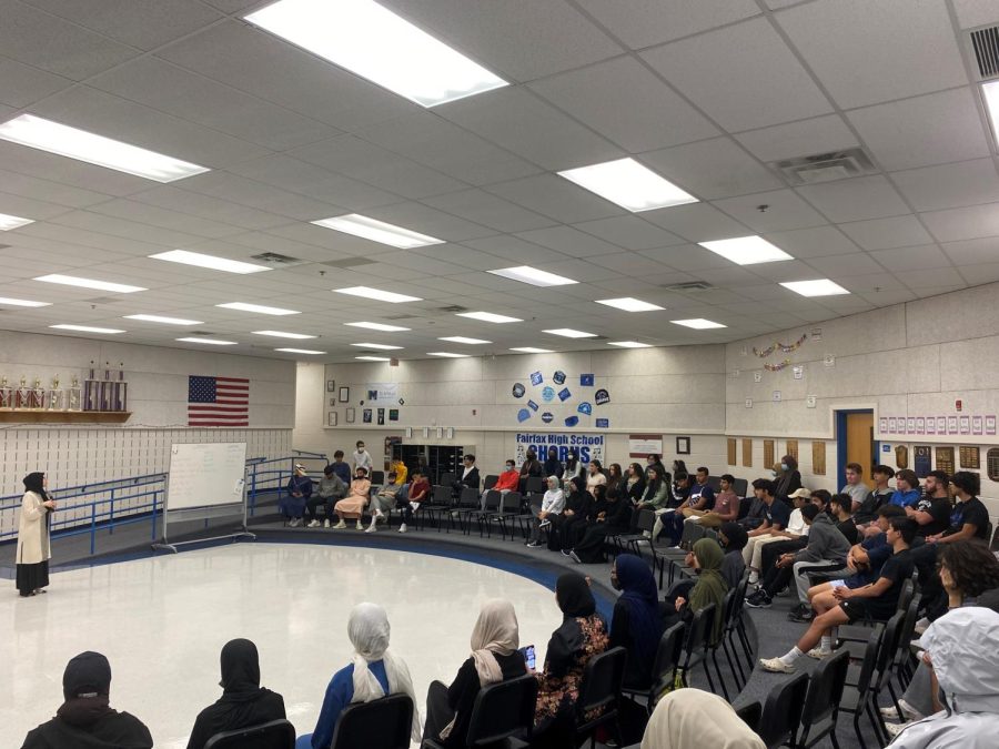 Students listen to Muslim school board member-at-large Abrar Omeish speak about Ramadan and fasting during the school year. Some students shared their experiences and reflections from fasting for a month.