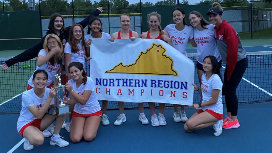 After defeating the Langley team in a close match, McLean Girls Varsity Tennis smile big with their regional championship banner.