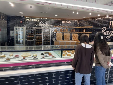 McLean students junior Caitlyn Lee (left) and junior Natalie Vu (right) examine the pastries on display at Fresh Baguette.