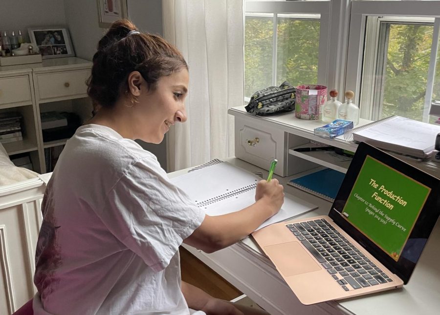 Senior Ava Farivar works on her AP Econ homework for her online AP Econ class. 