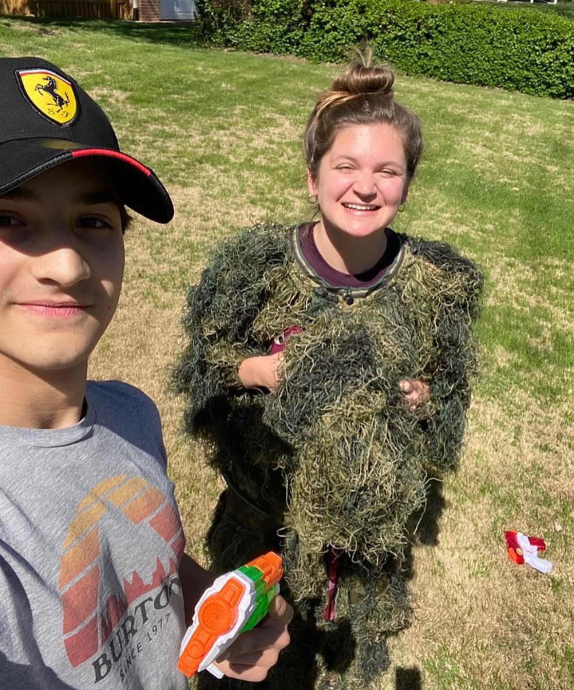 Senior Camden Lannin camps outside Alessandro Farruggios house in a ghillie suit just to get shot by him in defense.