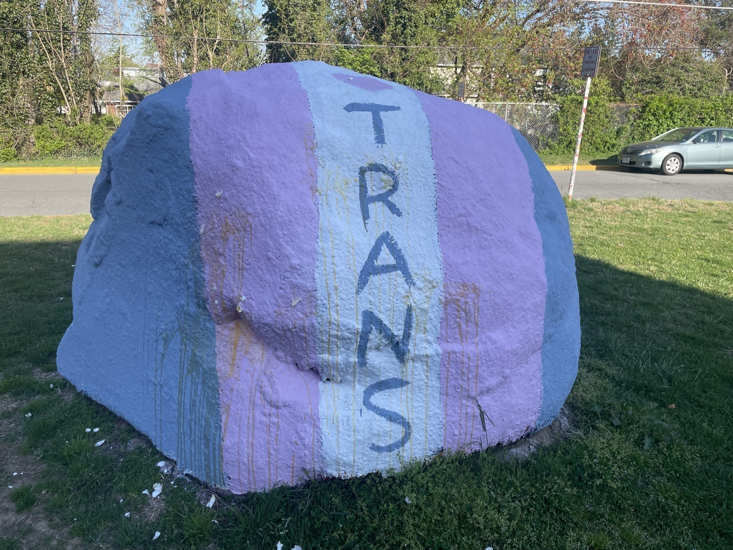 The rock, which was originally painted for International Transgender Day of Visibility, was egged by an unknown party.