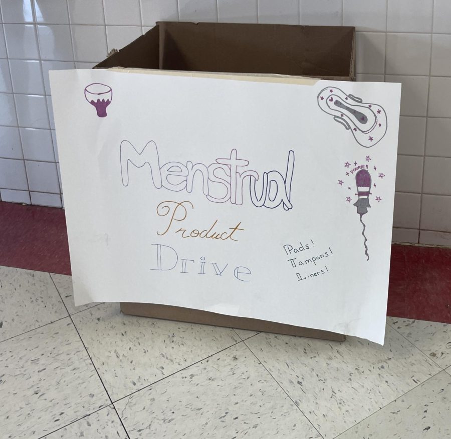 One+of+the+donation+boxes+set+up+by+the+varsity+softball+team+for+their+feminine+product+drive.+This+box+is+in+the+red+hallway+near+the+rock+side+entrance.+Contributions+to+the+drive+are+highly+encouraged+and+appreciated.