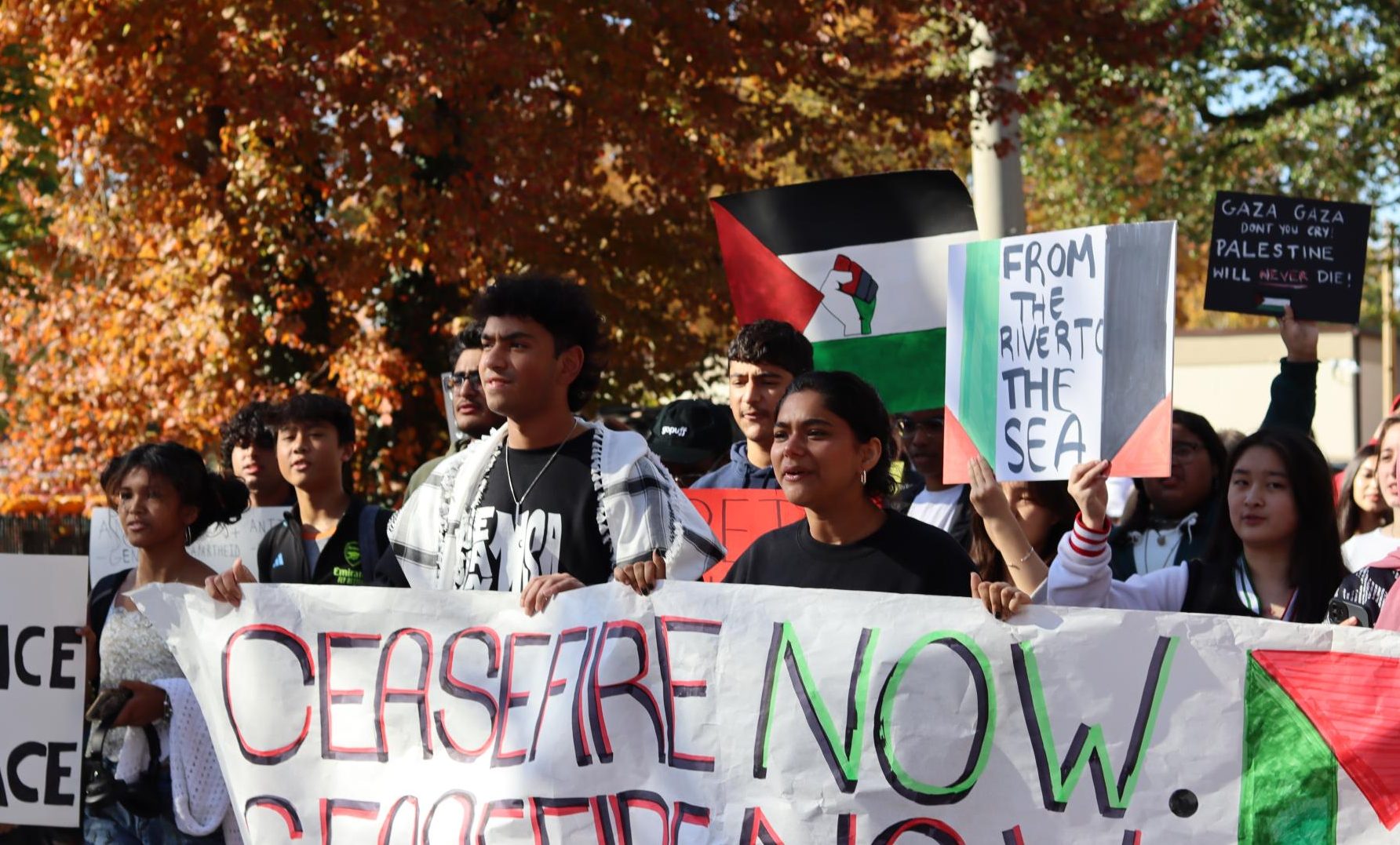 Students protest in October 2023 walkout after the initial escalation of the Israel-Hamas conflict.
