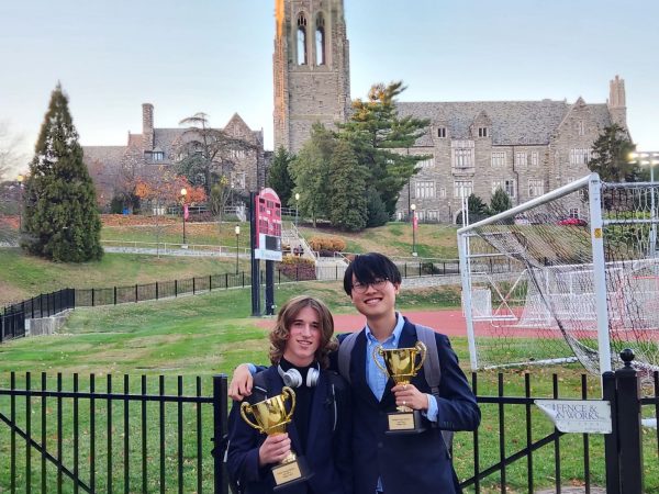 Sophomores Tobin Wilson (left) and Ryan Kang (right) holding their trophies after their success at the Villiger Tournament. The Villiger Tournament is a national debate competition held annually in Philadelphia.