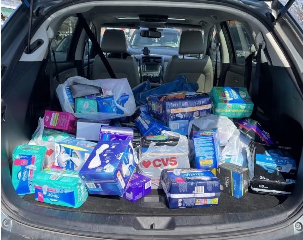 A collection of menstrual products from one of the donation boxes in McLean. In 2023, the Girls Leadership Committee collected around 60,000 products for women in need.