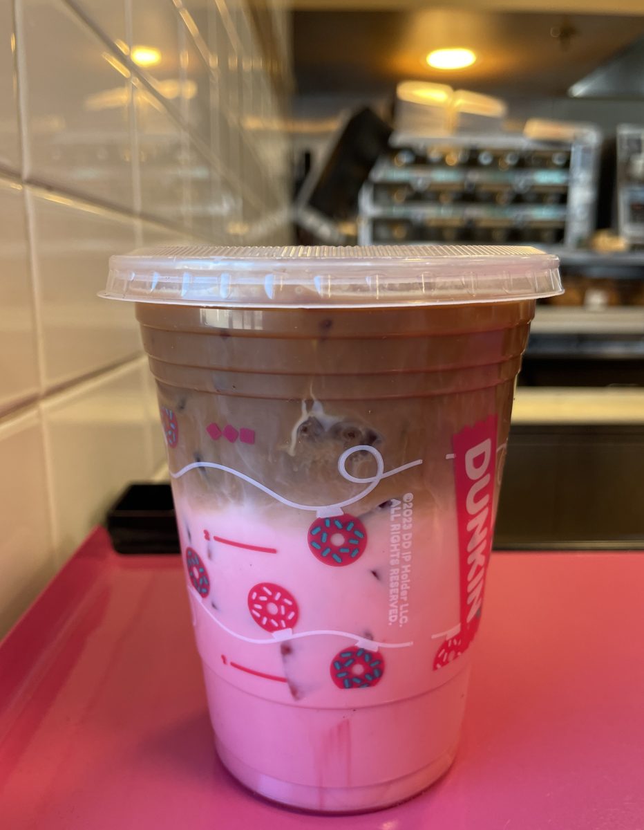 The Pink Velvet Macchiato has a layer of espresso that lies upon a layer of pink milk, flavored to taste like a frosted red velvet cupcake.