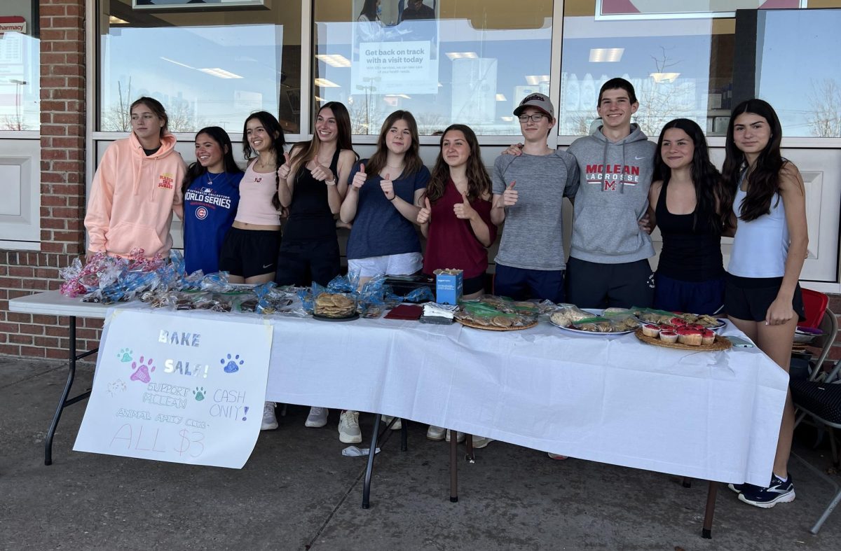 Animal Amity Club members and officers gather around their various baked goods in front of their table near the CVS Pharmacy in downtown McLean. The club donated its proceeds to the local animal shelter, the Lost Dog and Cat Rescue Foundation in Falls Church.
