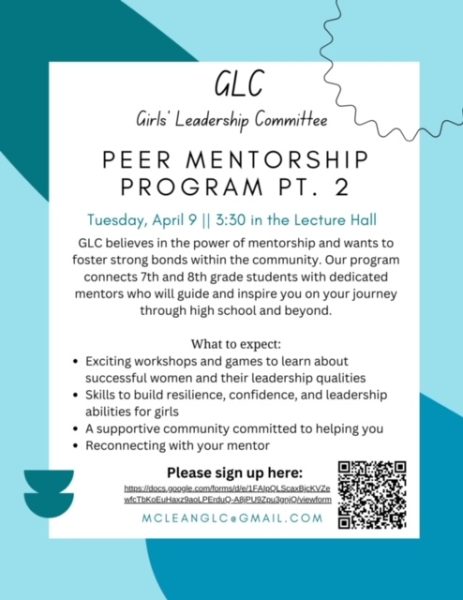 A flyer for GLCs upcoming peer mentorship event in April. High school and middle school students will meet in the lecture hall to participate in this event.