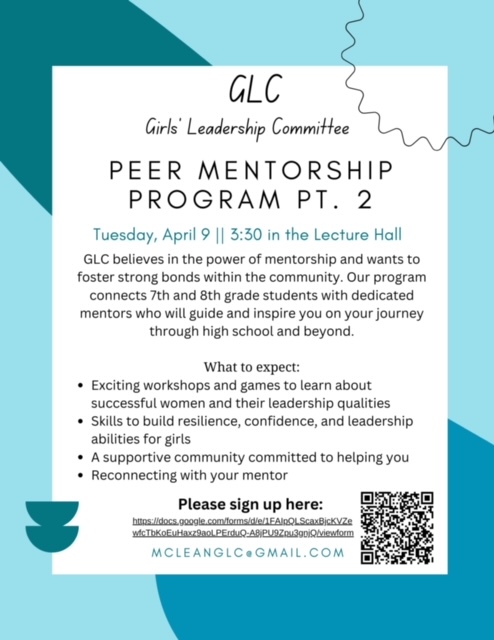 A+flyer+for+GLCs+upcoming+peer+mentorship+event+in+April.+High+school+and+middle+school+students+will+meet+in+the+lecture+hall+to+participate+in+this+event.