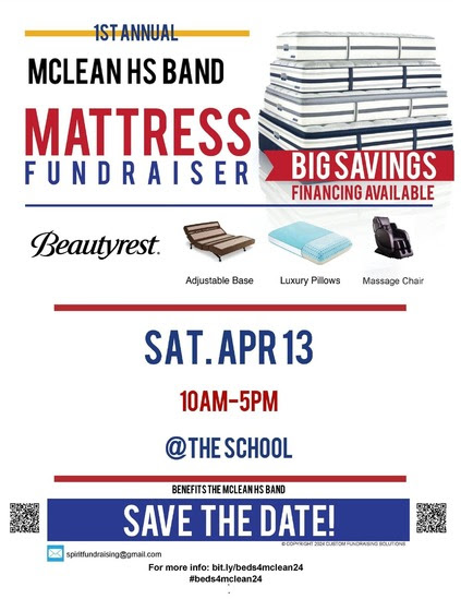 Band to hold mattress fundraiser on Apr. 13 from 10 am to 5 pm at Mclean High School.